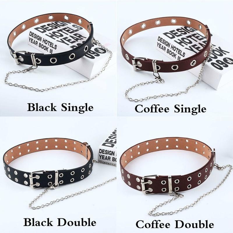 Women Punk Chain Belt Adjustable Black Double/Single Eyelet Grommet Metal Buckle Leather Waistband for Jeans