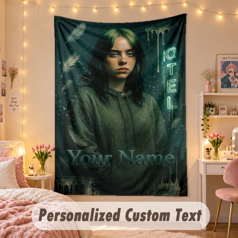 Custom Personalized Tapestry,Billie Eilish Print Custom Name Text Wall Art Hanging for Bedroom