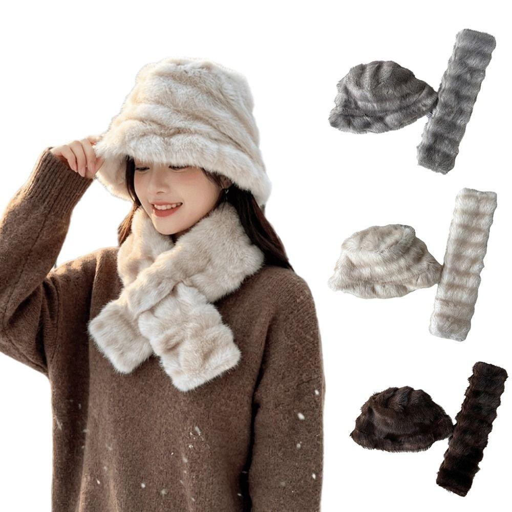 Thick Faux Fur Hat Scarf Set Windproof Fur Snood Scarf Fashion Winter Hat Scarf Set Outdoor Travel