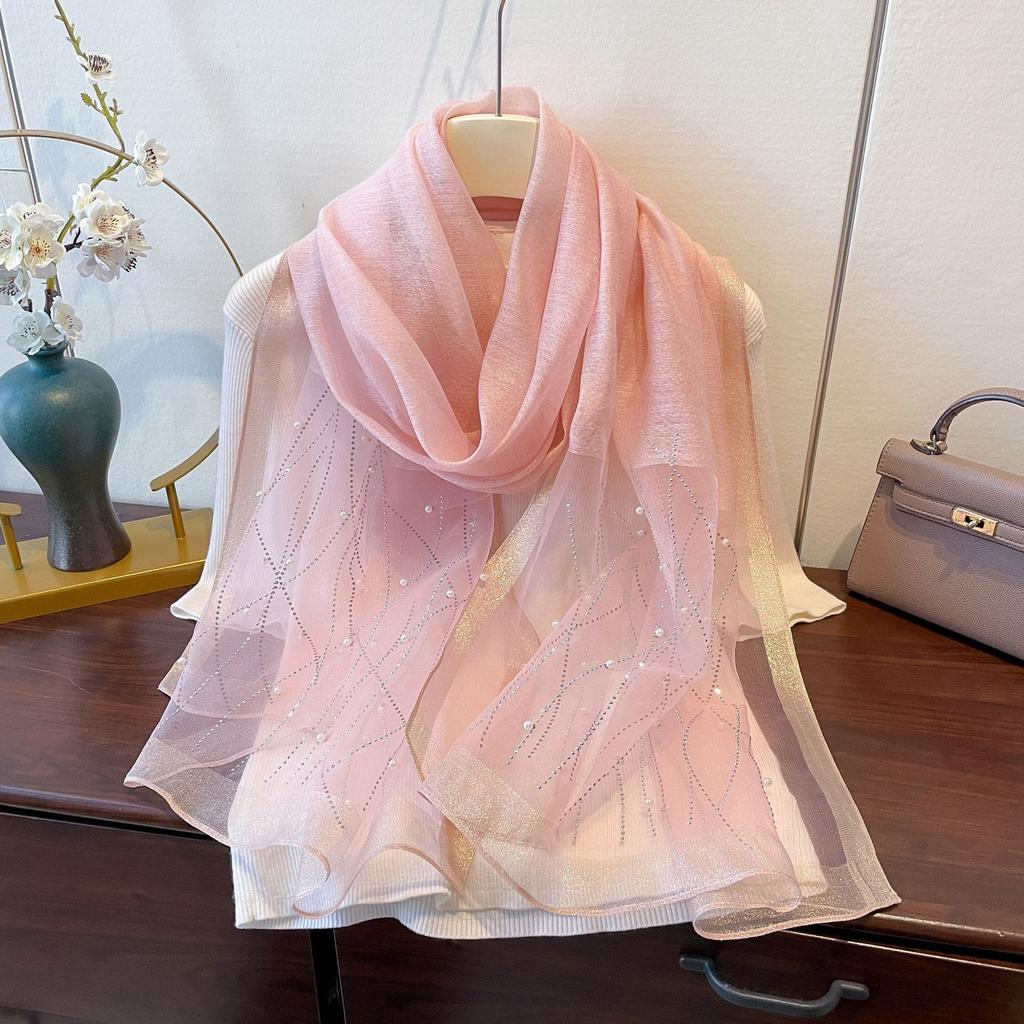 New Fashion and Versatile Solid Color Ethnic Style Veil Scarf Scarf for Women Wavy Pattern Artificial Diamond Iron Scarf for Women