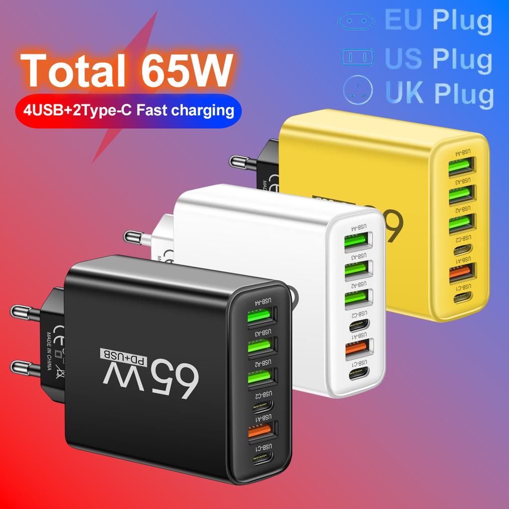 Всего 65 Вт 6 в 1 4 USB 2 Type C быстрая зарядка быстрое настенное зарядное устройство для iPhone Samsung Xiaomi Oppo мобильный телефон адаптер