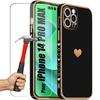 Case for iPhone 14 Pro Max - Luxury - Shockproof - Heart Pattern - 2 Tempered Glasses - Black
