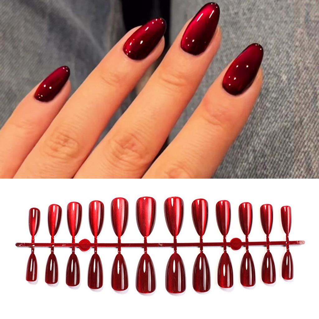 Christmas Red Cat Eye Press On Nails Short Almond False Nails Glossy Artificial Nail Full Cover Nail Supplies for Women
