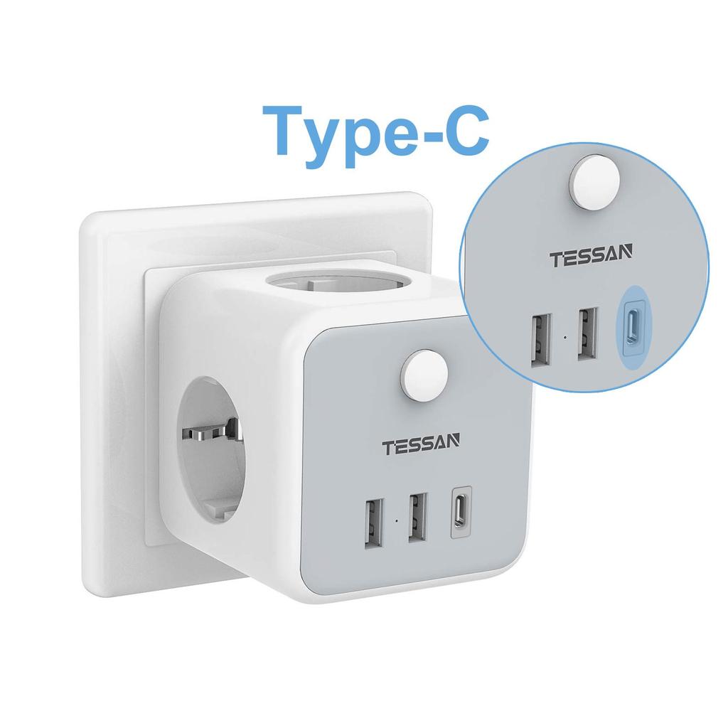 Tessan EU KR Plug Multi Outlets Power Strip with USB Ports Type C Wall Charger Electric Extension Socket Adapter for Home Office