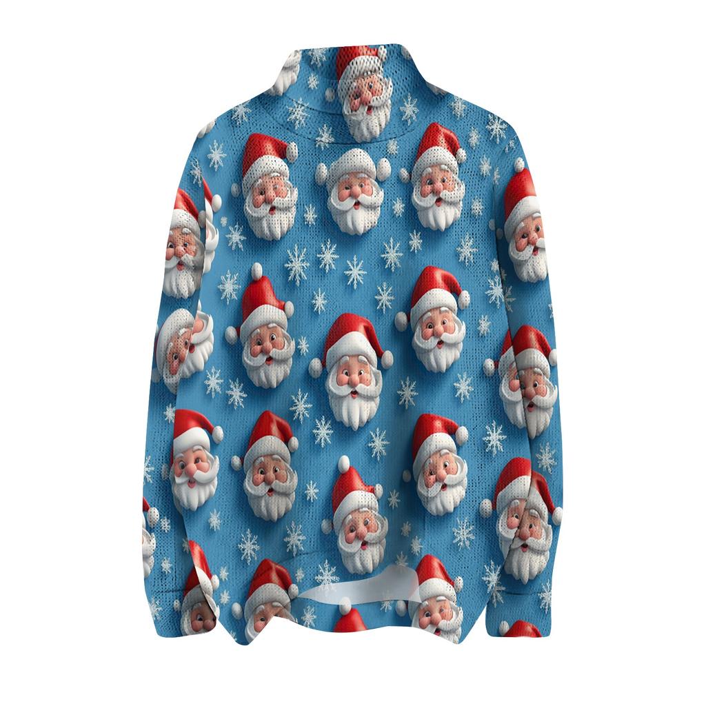 Женская мода, повседневная водолазка с круглым вырезом и длинными рукавами, с рождественским принтом, трикотажный топ