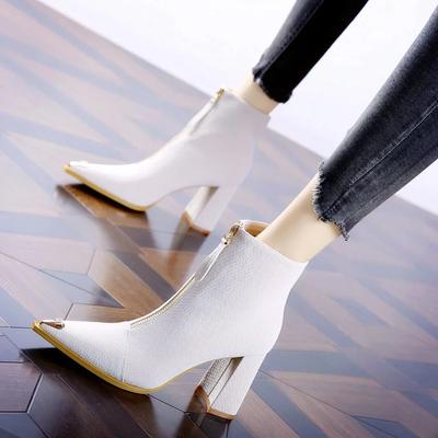 Модные женские сапоги на высоком толстом каблуке, новые осенние сапоги на среднем каблуке в корейском стиле, тонкие сапоги с круглым носком, сапоги-носки на молнии, женская обувь 2024 года