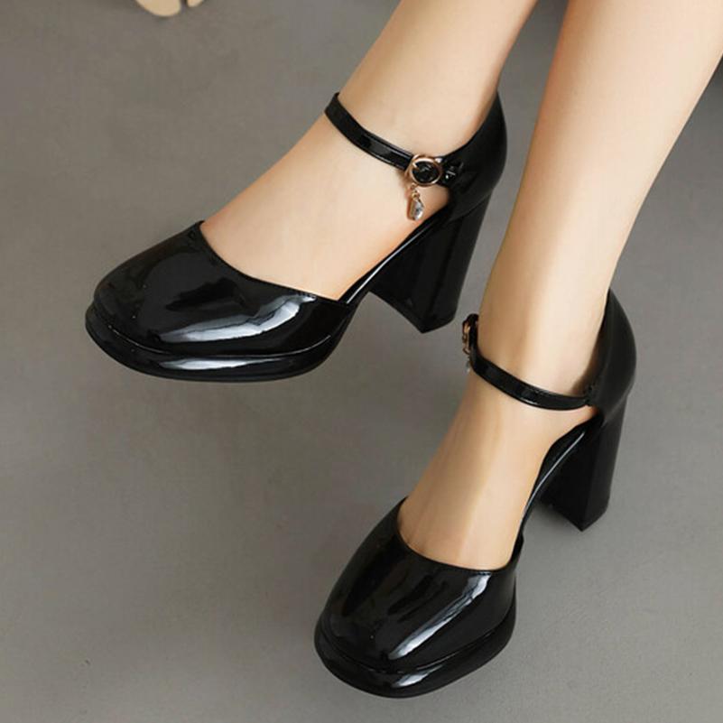 FOREADA Women Pumps Thick Super High Heels Round Toe Mary Janes Crystal Party Sexy Spring Autumn Shoes Red Black Dark Blue