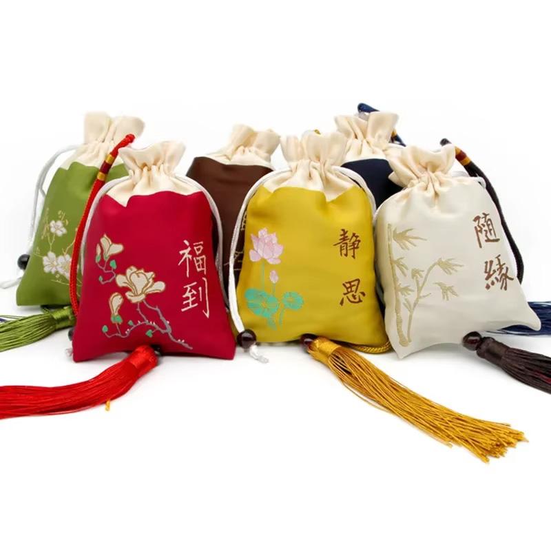 1PC Woven Embroidered Silk Style Sachet Bag Stitching Tassel Drawstring Bag Reusable Lotus Plum Flower 8x12CM