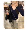 Korean Chic White V-Neck Slim Knit Long-Sleeve Top for Women - Autumn/Winter