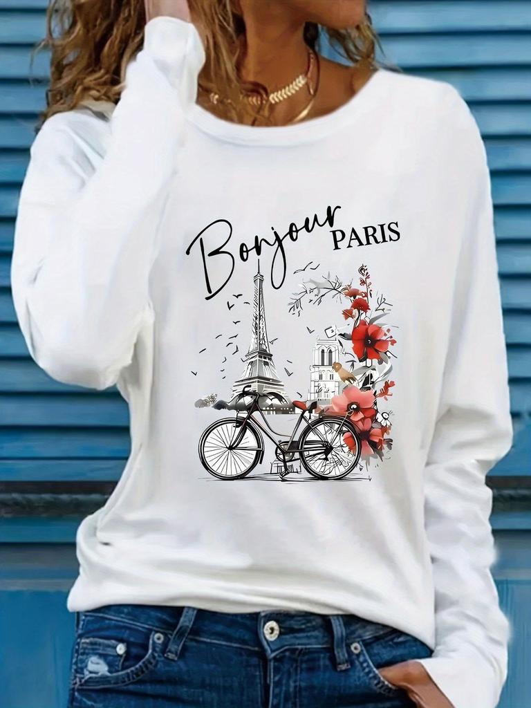 100% pure Polyester women's spring and autumn loose casual graphic printed long sleeved round neck T-shirt
