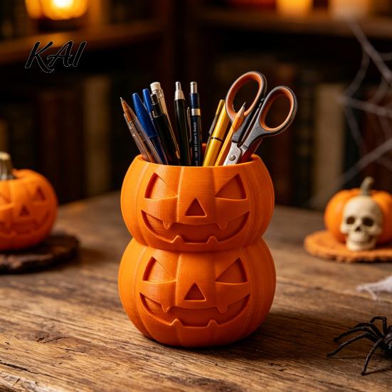 Festive Art Supply Storage 3D Printed Double Pumpkin Pen Holder, Stacked Desktop Organizer, Unique Desk Organizer Halloween Stationery Container