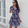 Sexy V Neck Floral For Women Short Sleeve High Waist Casual Print Dresses Ladies Summer Chiffon Dress