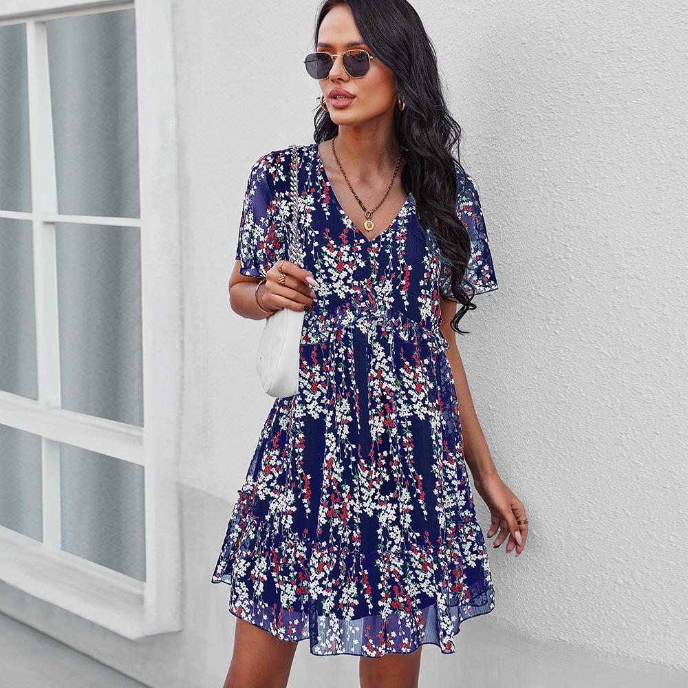 Sexy V Neck Floral For Women Short Sleeve High Waist Casual Print Dresses Ladies Summer Chiffon Dress