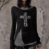 Grunge Vintage Streetwear T Shirts Women American Retro Punk Y2k Striped Patchwork Cross Print Zipper Tees Tops