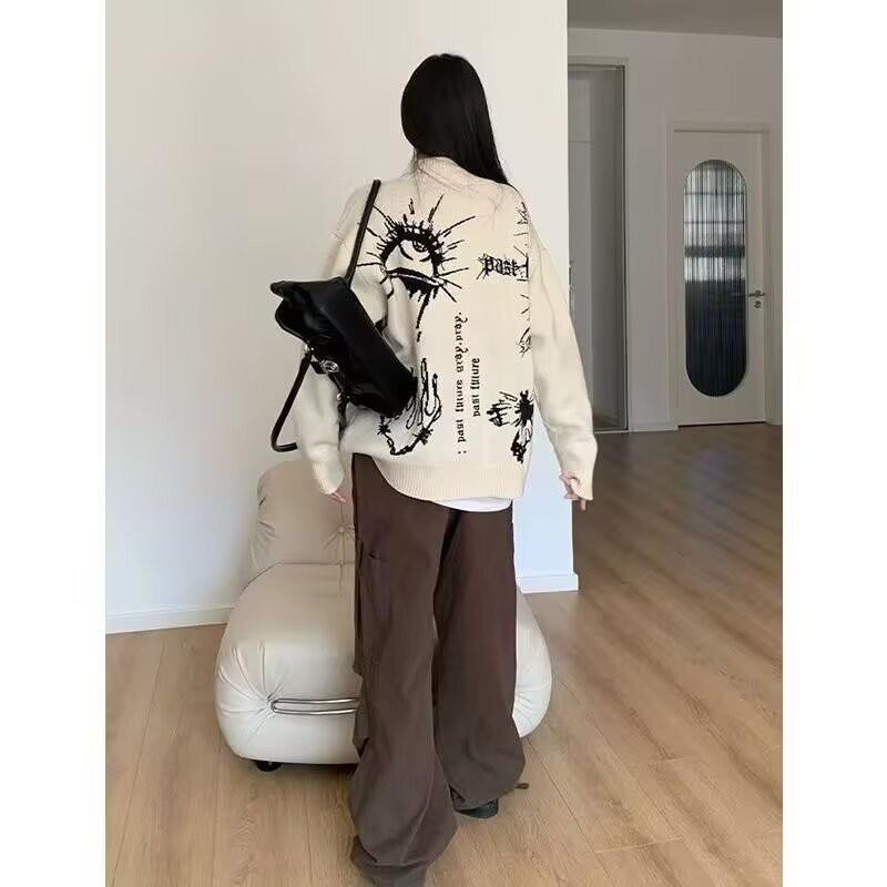 Unisex Vintage Print Knit Cardigan Sweater Long Sleeve Loose Fit Winter Casual Outerwear