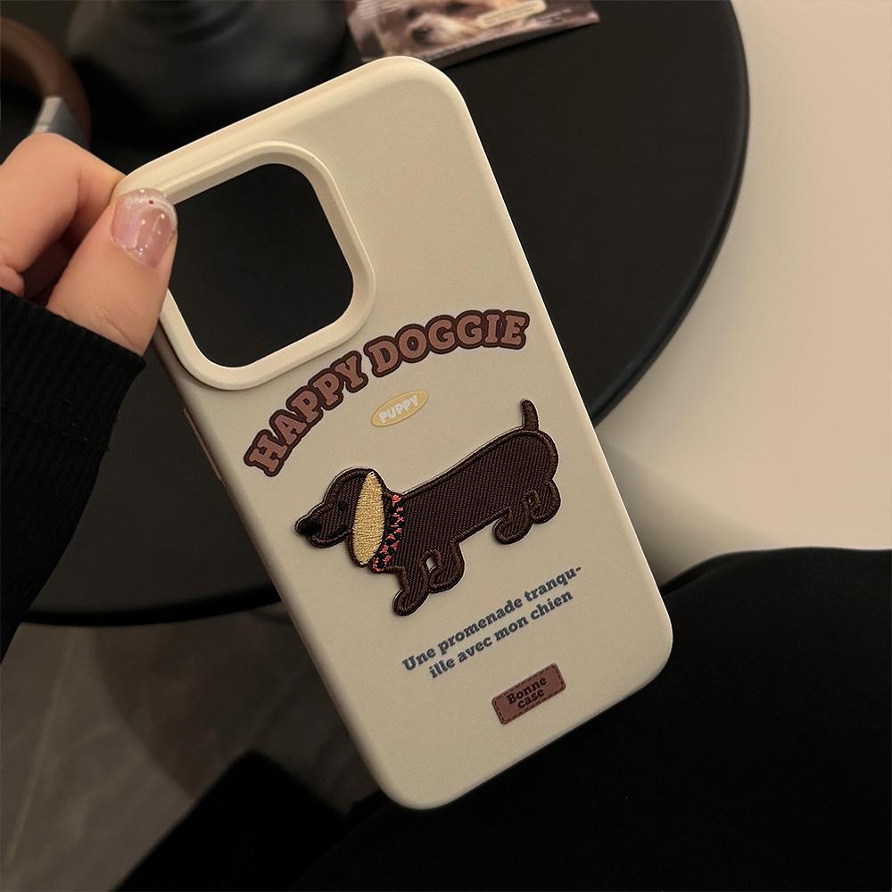 Dachshund Dog Embroidered Apple 16 Mobile Phone Case Ins Style Three Dimensional IPhone 17 Suitable for 13 Korean 15pro Max Soft