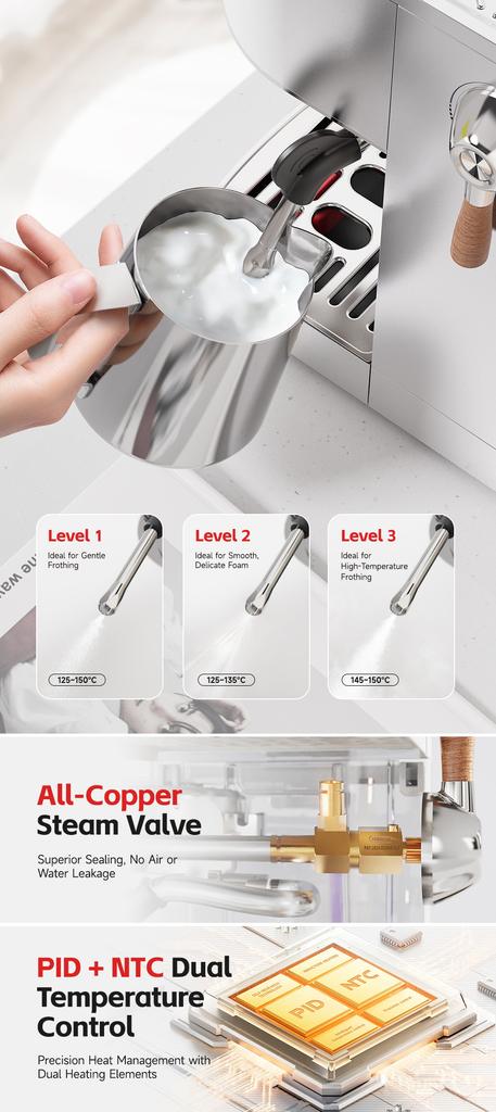 HiBREW H13 Semi-automatic Coffee Machine, Dual Boiler System with 20-Bar Pump Pressure, Multi-function Brewing Modes, Adjustable Drip Tray 