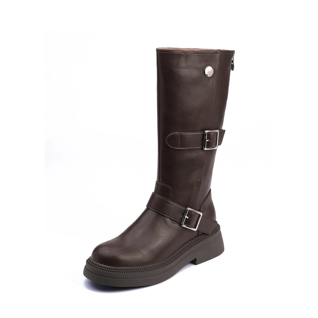 Мягкие кожаные полусапоги Ковбойские сапоги Вестерн Женские с пряжкой на ремне Корейская версия Ретро рыцарские сапоги Коричневые сапоги ботфорты