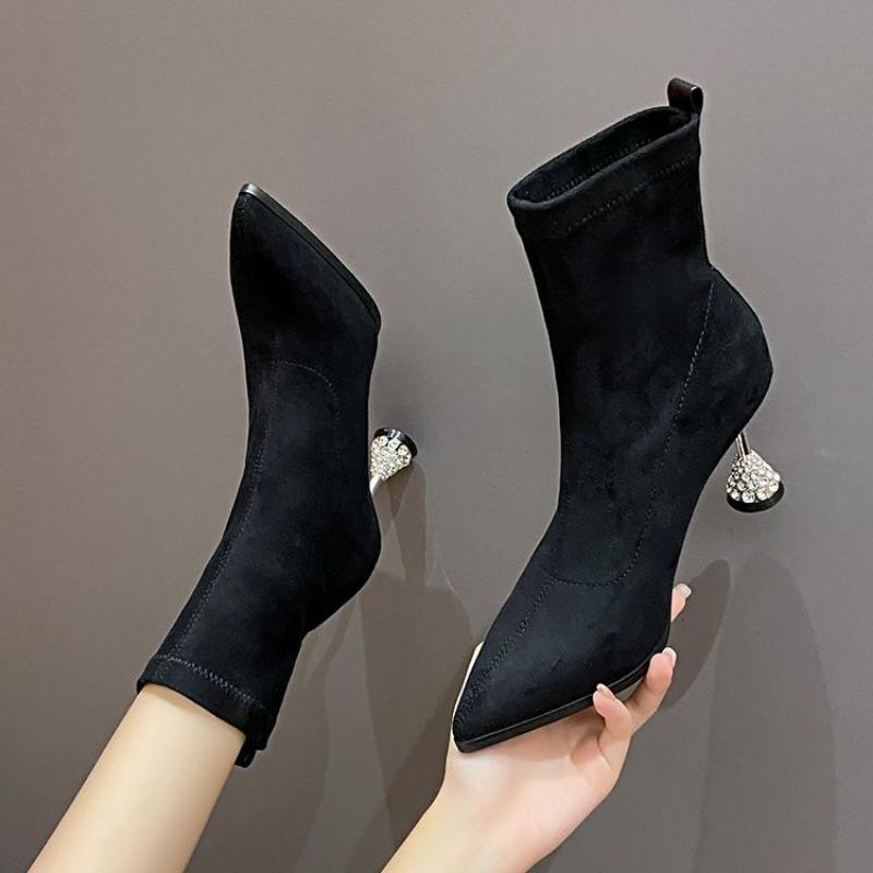Ботильоны на высоком каблуке с кристаллами, замшевые теплые женские туфли, зимние брендовые повседневные туфли-челси с острым носком, трендовые туфли-лодочки 2025 года, зимние ботинки-лодочки женские