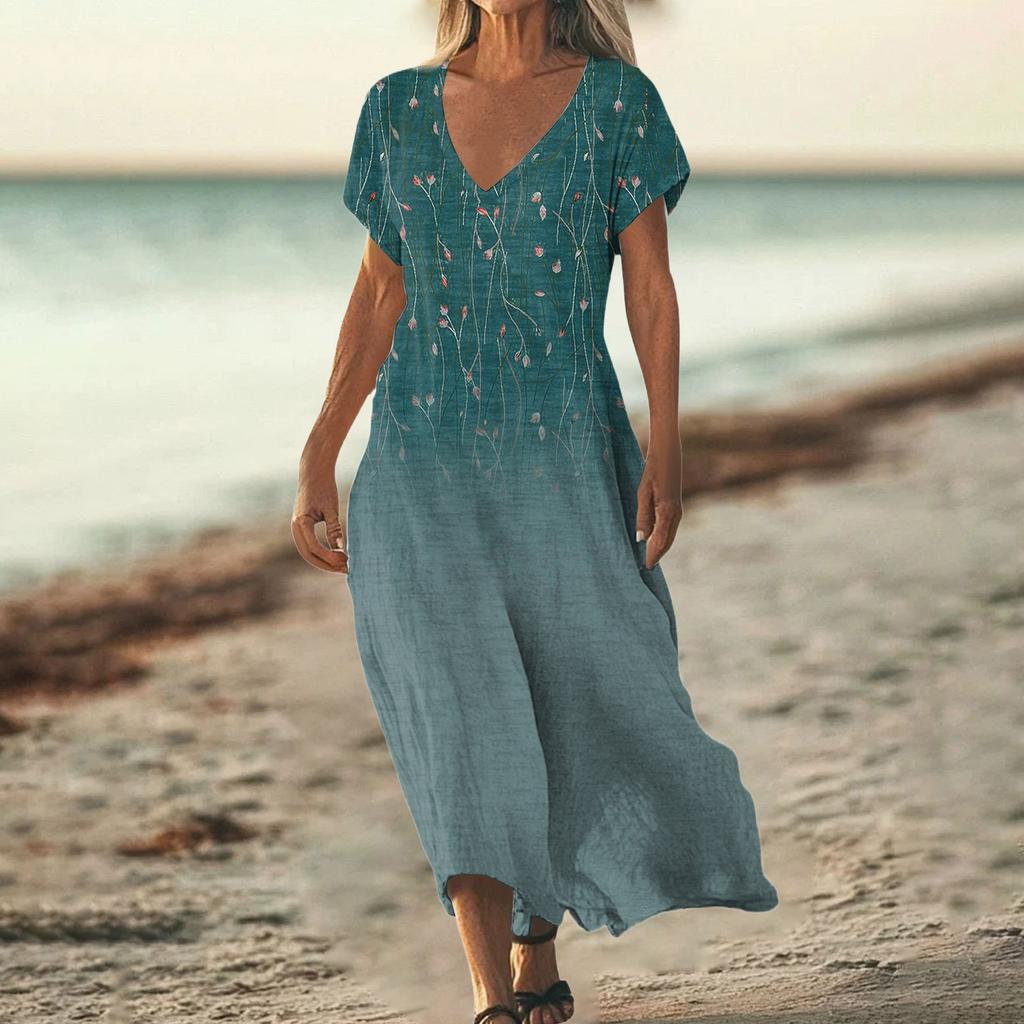 Women's Summer V-Neck Short Sleeve Cotton Linen Gradient Printed Loose Beach Dresses