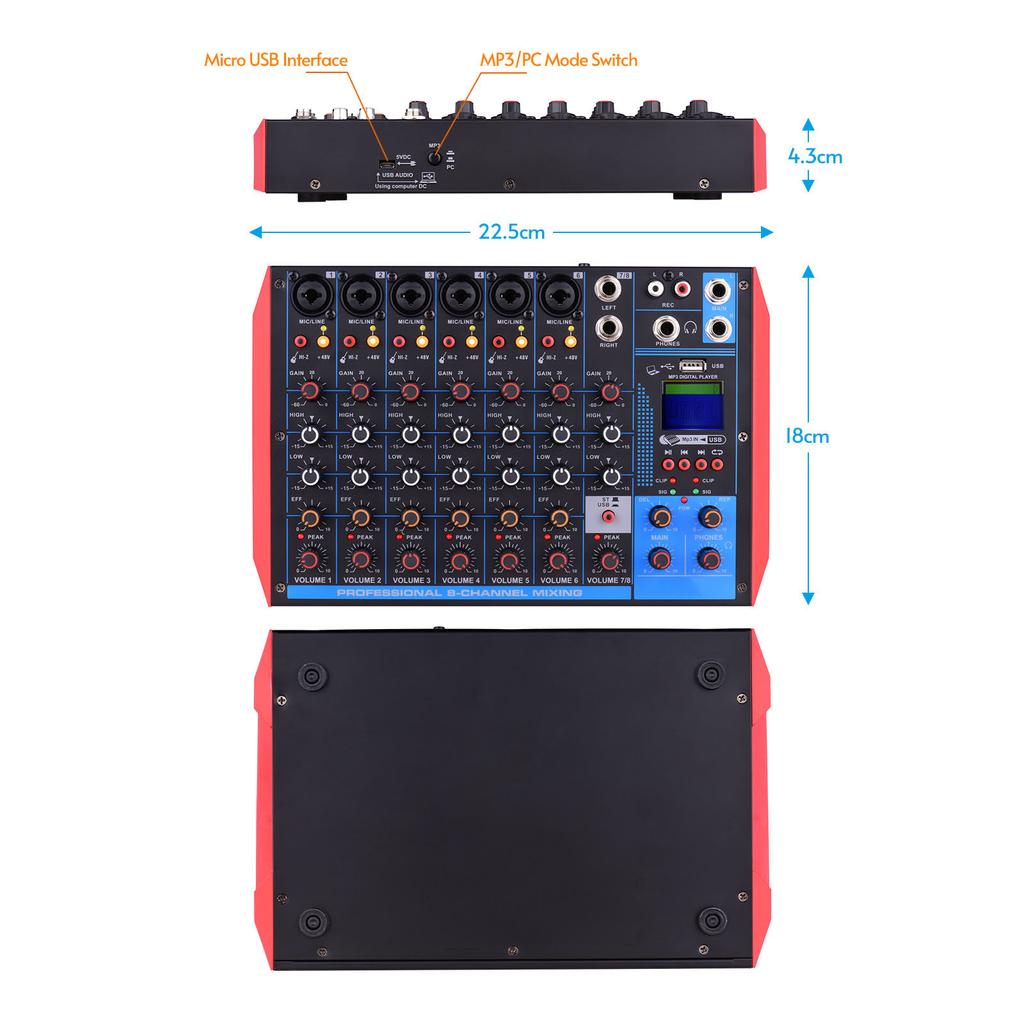 Портативный 8-канальный микшерный пульт AG-8, цифровой аудиомикшер + фантомное питание 48 В, поддержка BT/USB/MP3