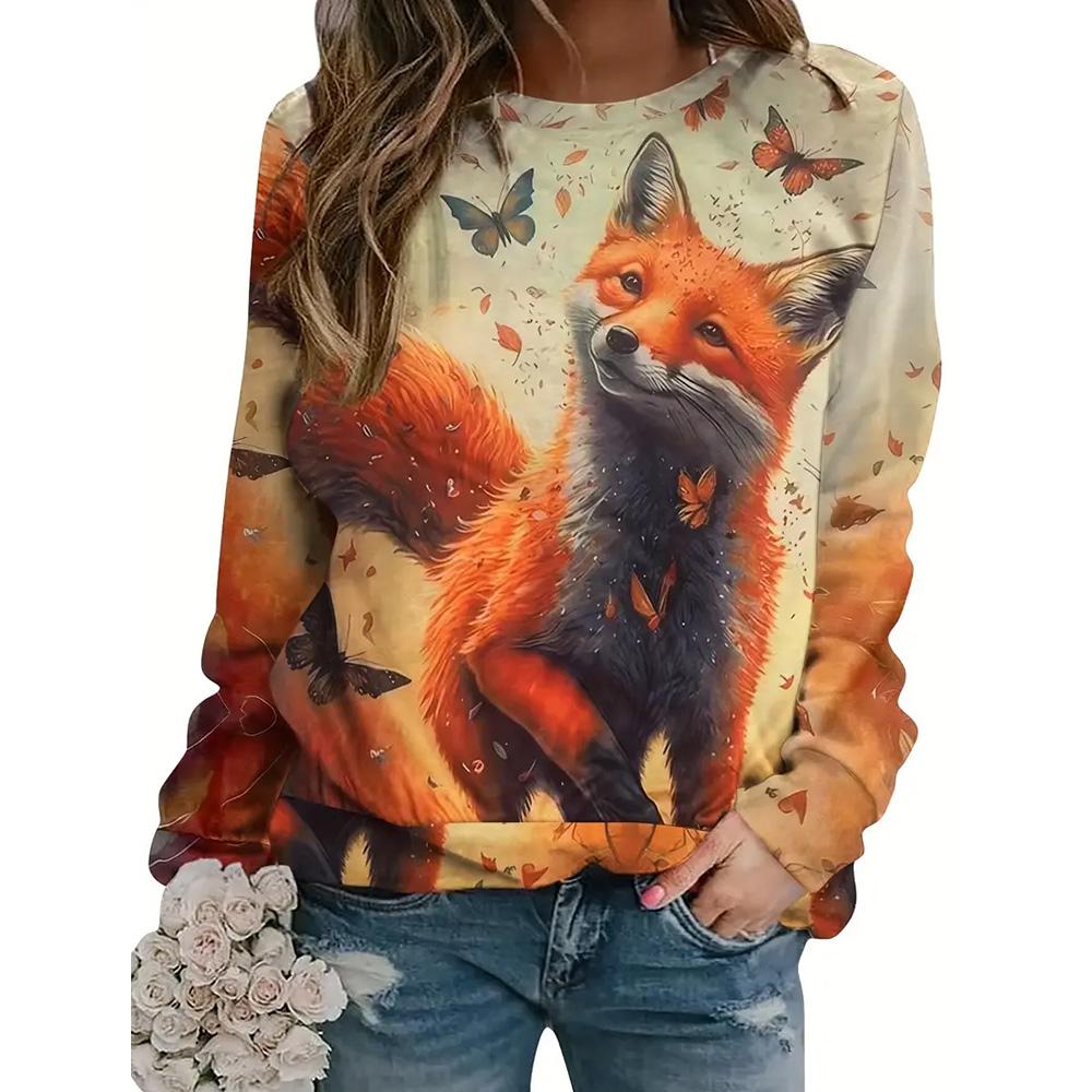 Trendy Casual Women's Tops 3d Fox Printed Round Neck Long Sleeve Shirts & Blouses Autumn & Winter Sweatshirts Female Clothes