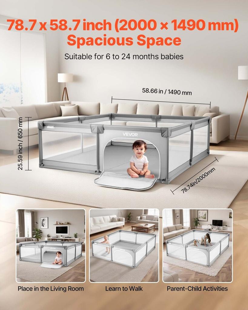 Baby Playpen, 2000 x 1490mm Large Toddlers Playpen, Indoor/Outdoor Baby Fence Play Yard with 50 Ocean Balls, Zippered Door & Breathable Mesh, No-Gap