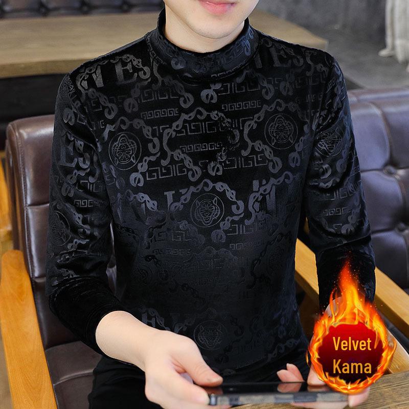 Мужская модная толстовка из золотистого бархата со средней горловиной и длинными рукавами - плотная, теплая, осенне-зимняя футболка с полувысоким воротником