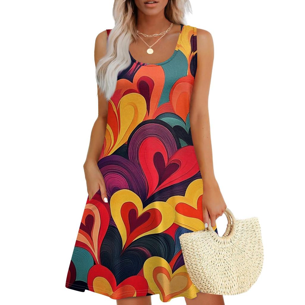 Женский повседневный сарафан с карманами, летнее пляжное платье в стиле бохо, праздничные платья для женщин, футболки, платья с U-образным вырезом, свободные платья-майки