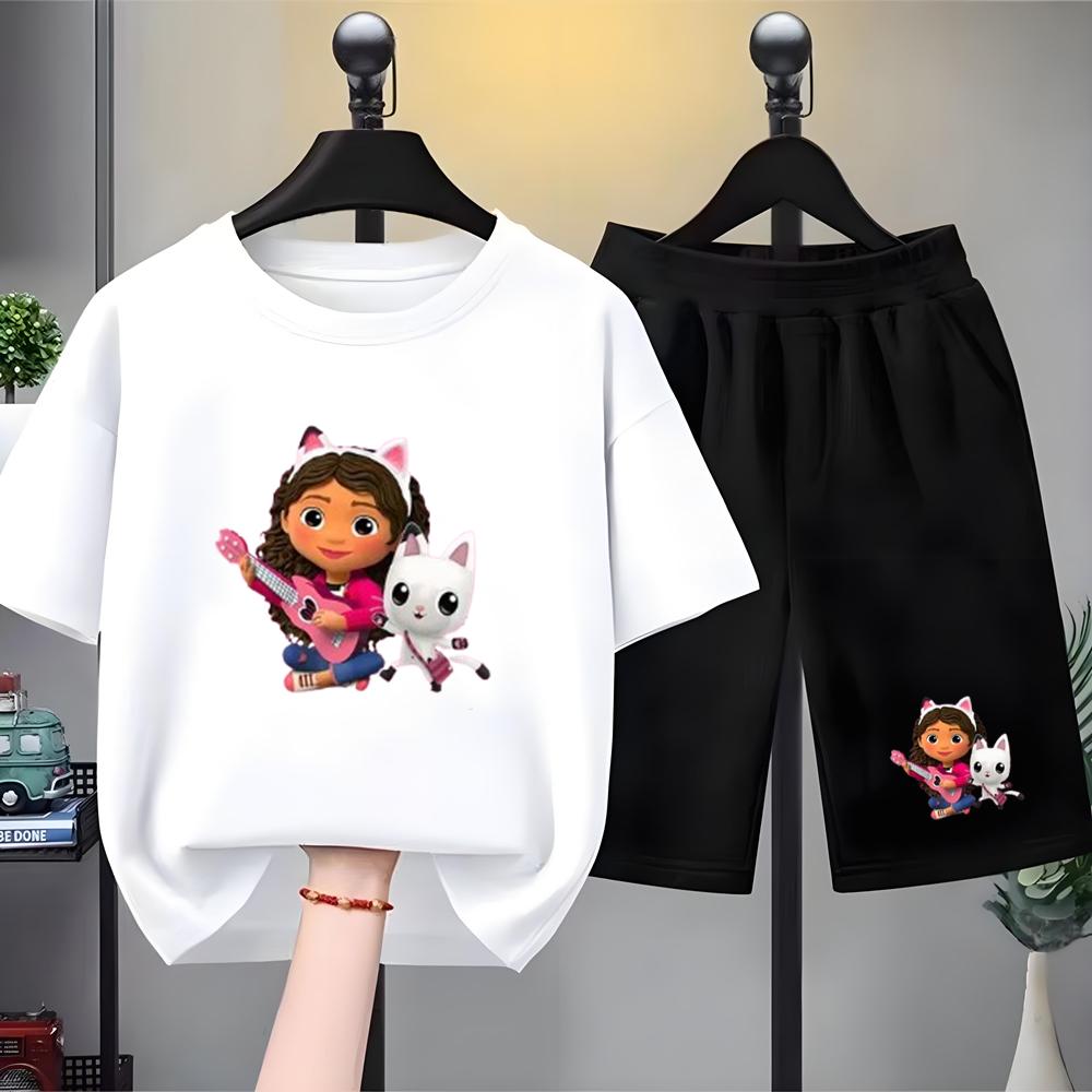 Children Summer Clothing Tshirt+Shorts Gabbys Dollhouse Print Boy Girl Toddler 3-12Yrs Short-Sleeved cool leisure Set
