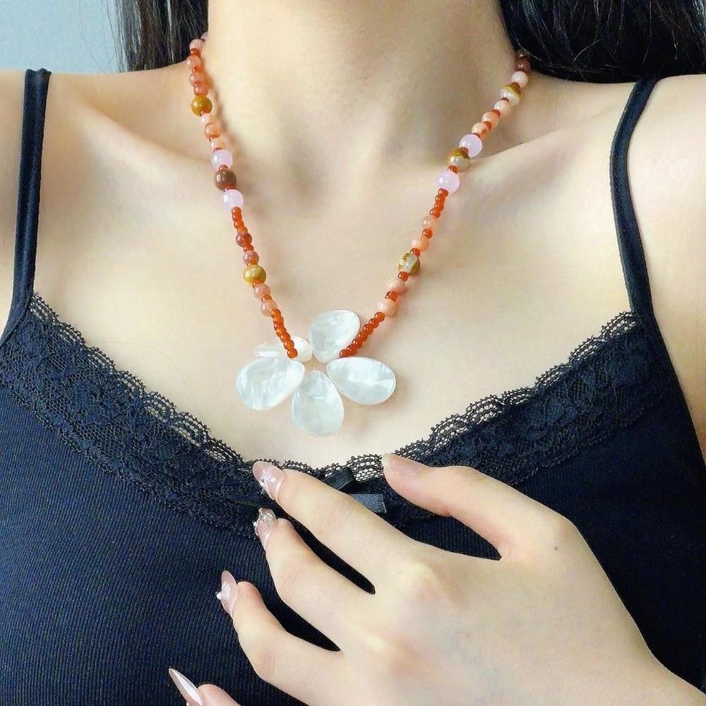Ocean Style Shell Flower Necklace Beaded Ocean Style Neck Chain Stone Pendant Necklace  Girls