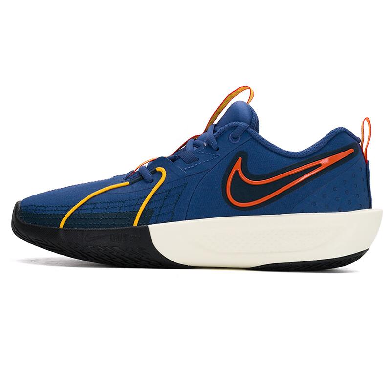 Nike ГТ. Сниженное на 30% амортизирующее, износостойкое, низкие детские баскетбольные кроссовки, сине-оранжевые, FV5627-400