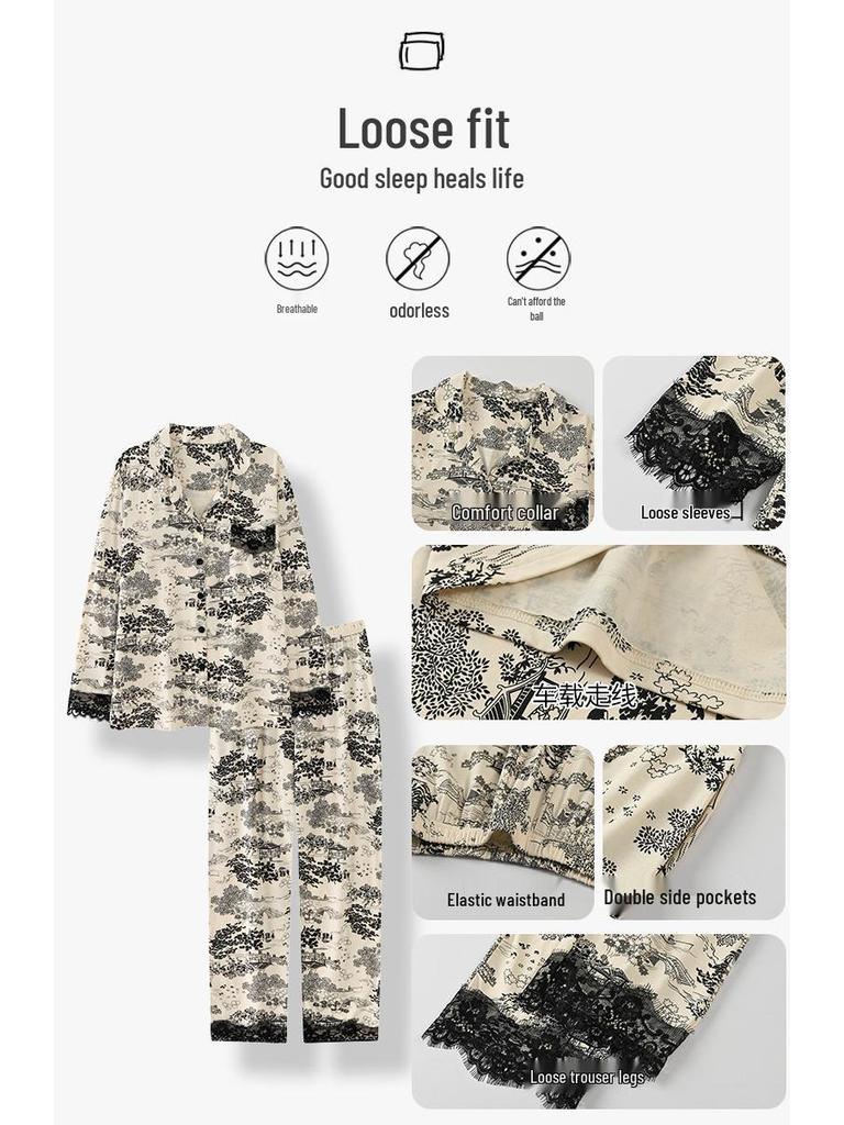 Женский комплект пижамы с длинным рукавом из модала и хлопка Осень/Зима с гиалуроновой кислотой - Высококачественный весенний стиль для дома и улицы