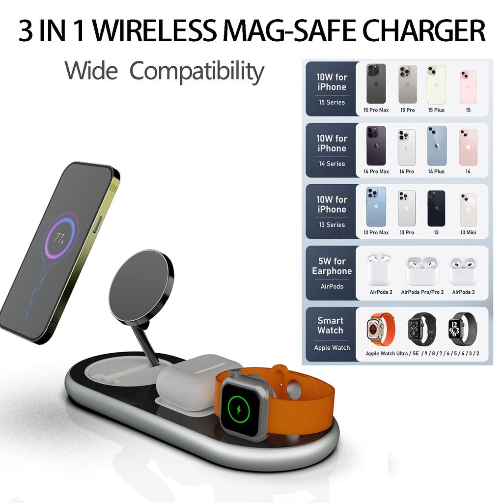 3 In 1 Magnetic Wireless Charger Stand For iPhone 15 14 13 12 Pro Max Airpods Apple Watch 8 7 Portable Charger For Cell Phone