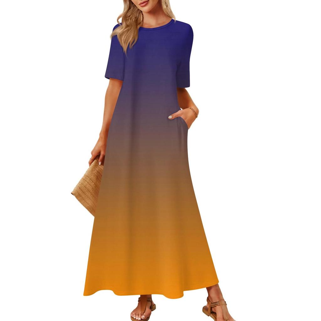 Women's Fashionable And Casual Long Beach Skirt Round Neck Short Sleeved Loose Retro Print Dress