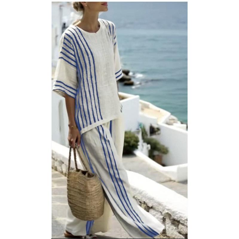 Printed short-sleeved shirt and trousers set Fashion loose round neck top High waist trousers Two-piece set