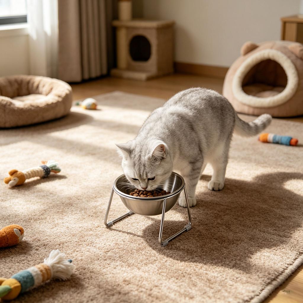 Elevated Cat Bowl 15 degrees Tilted Anti Slip Stainless Steel Dog Dish with Stand Anti Vomiting Neck