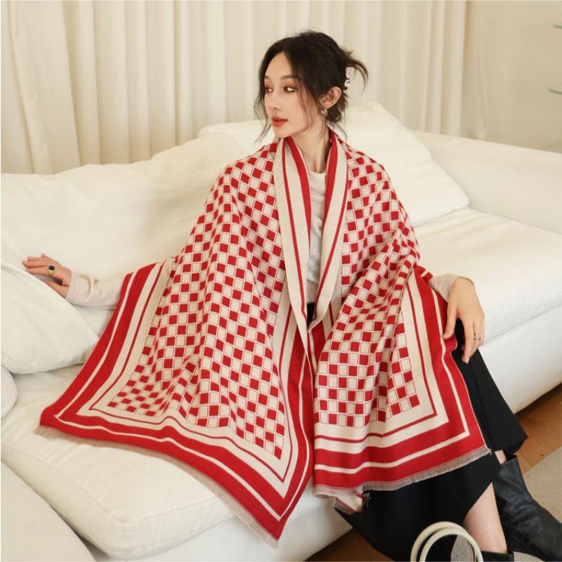 Autumn and Winter Scarf Women's New Imitation Cashmere High-end Checkerboard Shawl Scarf Dual-purpose Thickened Warm Scarf