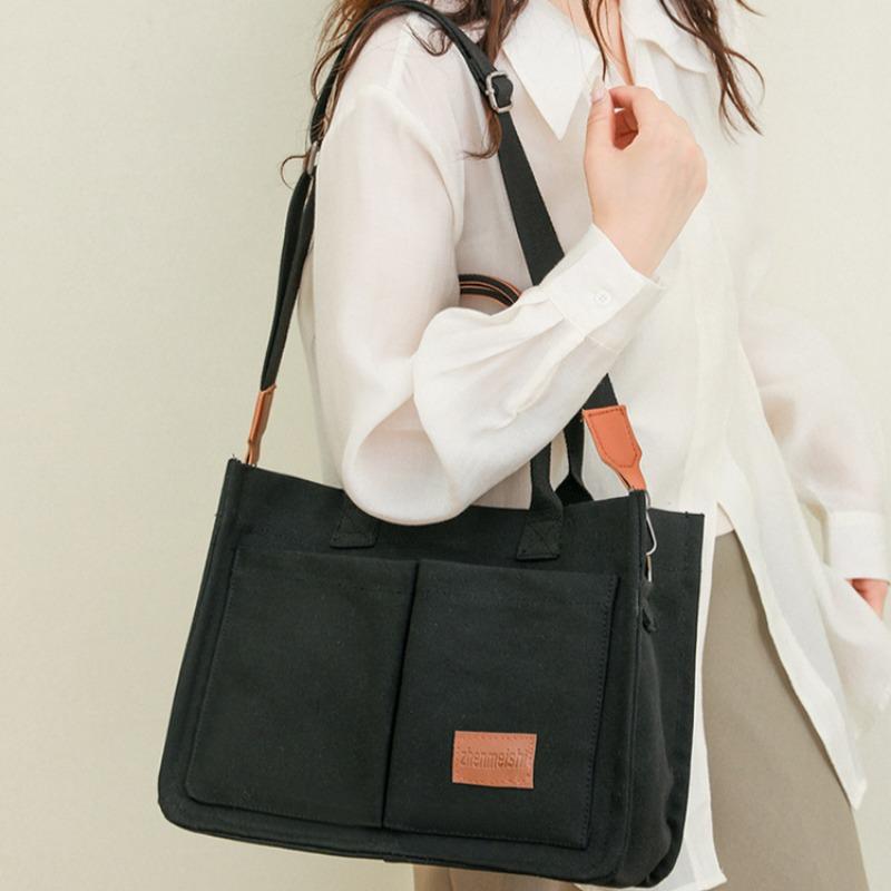 Холщовая сумка для женщин, вместительная сумка с несколькими карманами, модная сумка с диагональным ремнем, сумка с широким плечевым ремнем, сумка-тоут
