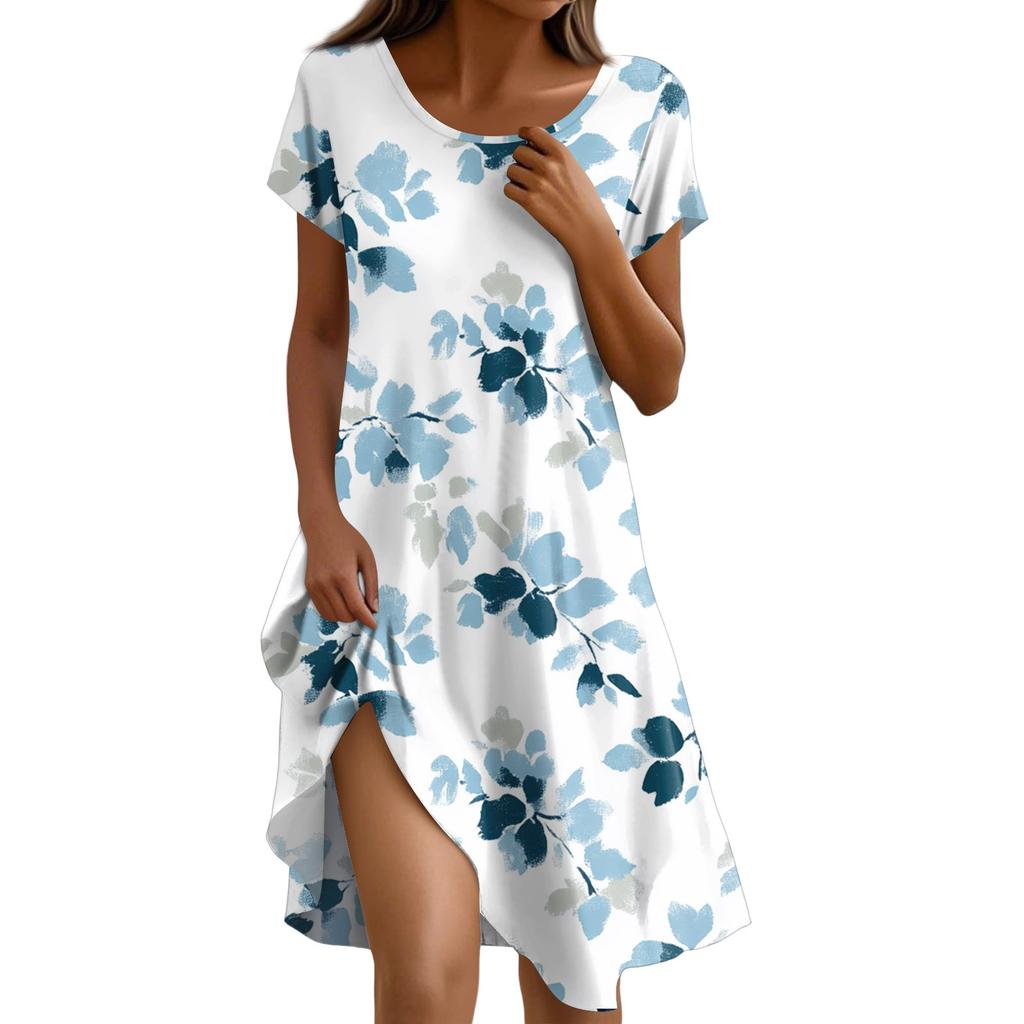 Short Sleeve Boho Dress For Women Casual Loose Fit Summer Sundress Floral Print Dress With Pockets