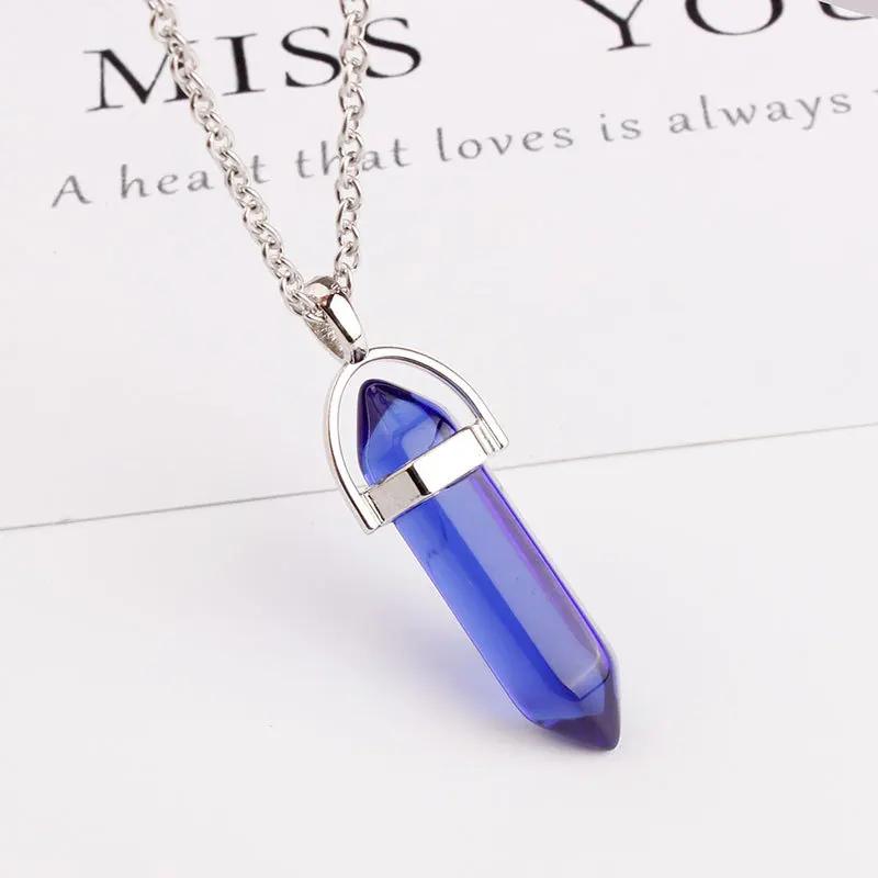 Hexagonal Column Pointed Reiki Chakra Natural Stone Pendant Necklace Women Girl Gift18inch Chain Lapis Opal Chunky Jewelry