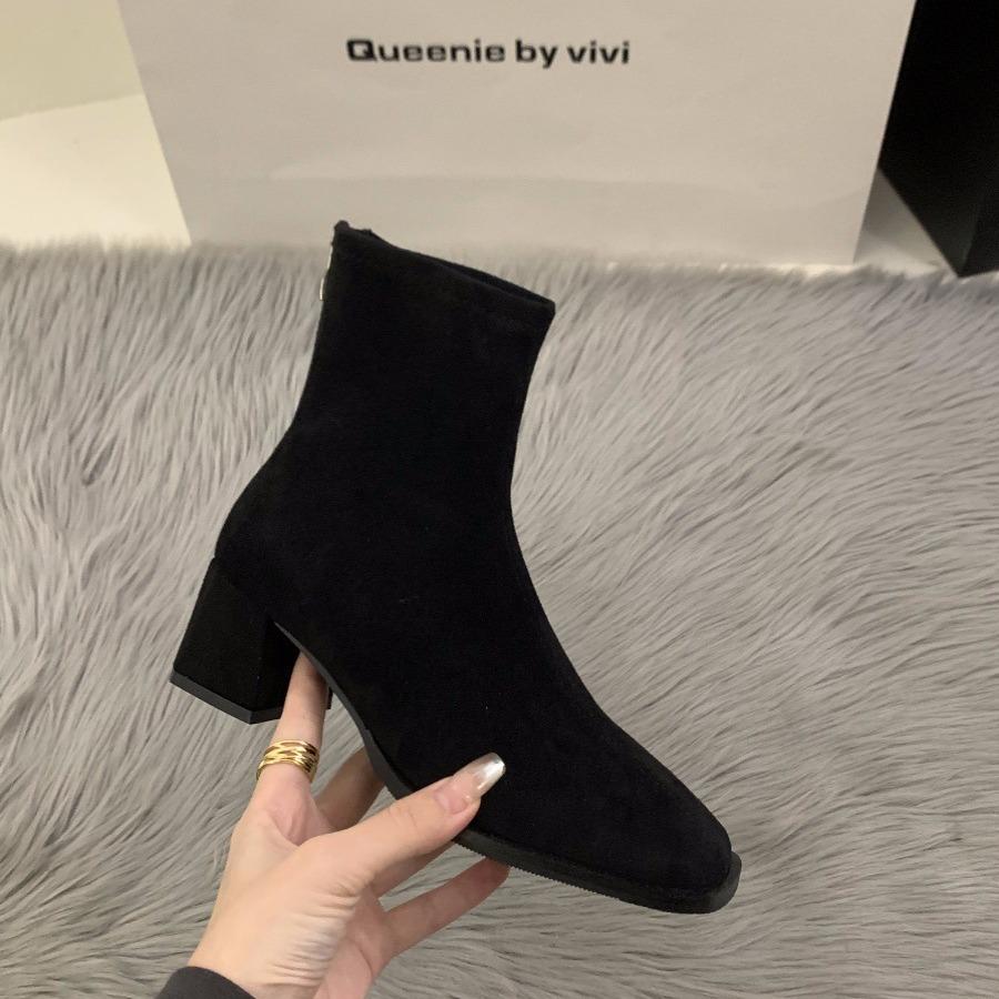 Женские ботильоны на высоком каблуке с квадратным носком, облегающие, 2025 осень-зима, флис, корейские ботильоны до щиколотки, ботинки Мартин