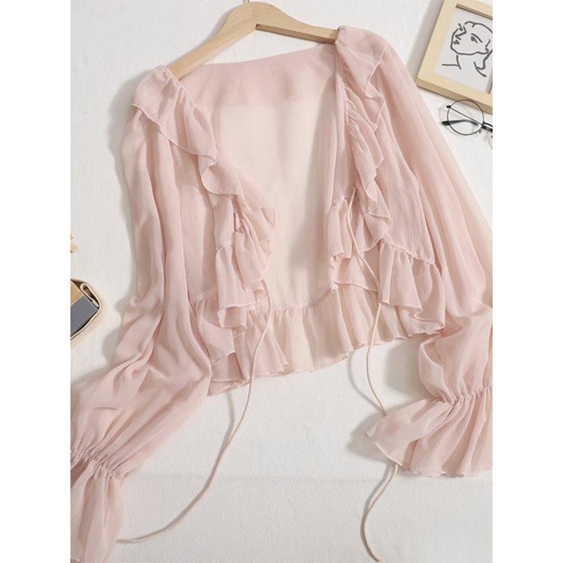 Ruffle Chiffon Sun Protection Cardigan: Lightweight Women's Summer Shawl, Perfect Over Camisole or Dress, Ice Silk Bolero Cover-up.