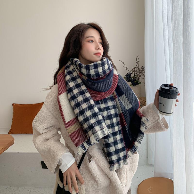 Imitation Cashmere Scarf, Women's Autumn and Winter Fashion Double-sided Plaid Scarf, Student Thickened Warm Shawl, Gift Scarf