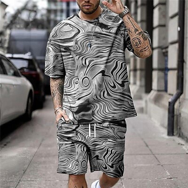 Optical Illusion Abstract Graphic Prints Sport Designer Casual Men's Shirt Set Shorts and T Shirt Set T-Shirt Outfits Outdoor Daily Vacation T Shirt