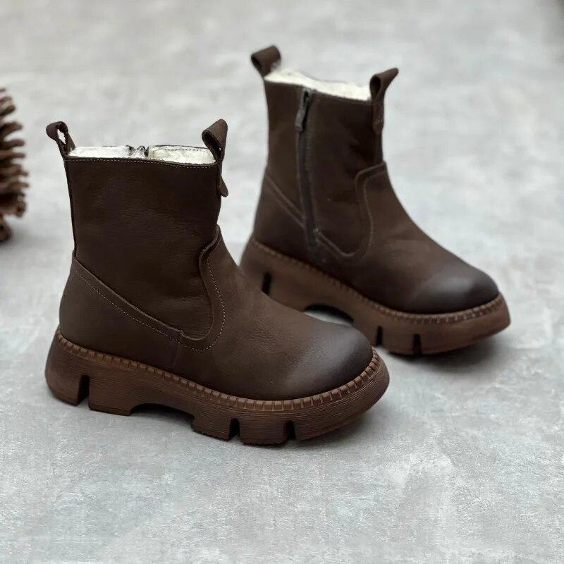 Johnature Винтажные ботинки ручной работы из натуральной кожи из шерсти, женские короткие сапоги с круглым носком на утолщенной теплой толстой подошве