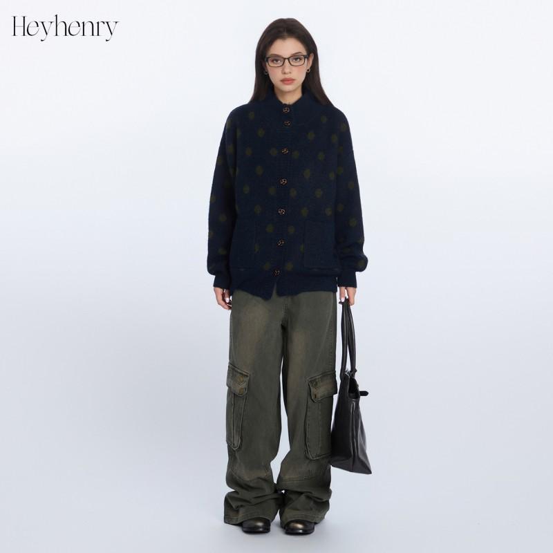 HeyHenry Womens Vintage Polka Dot Cardigan Loose Fit Long Sleeve Knit Sweater Coat