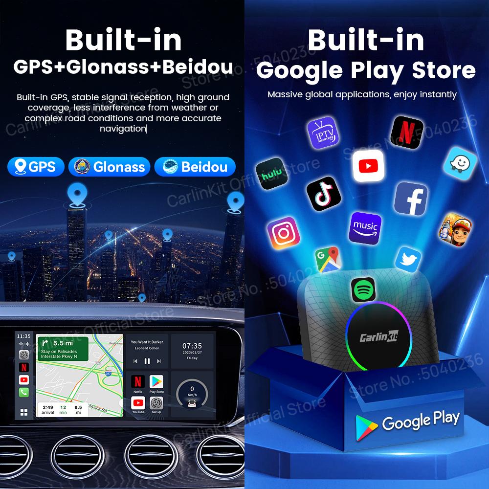 CarlinKit LED Android 13 ТВ-бокс SM6225/SDM660 8-ядерный Беспроводной CarPlay и Android Auto AI Box Поддержка GPS Netflix/IPTV/TF/SIM-карты