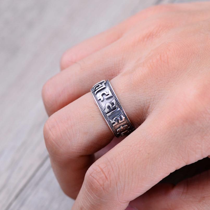 S925 Sterling Silver Mantra Saint Religious Ring Thai Silver Six -Character Mantra Cylinder Opening Adjustable Ring Jewelry
