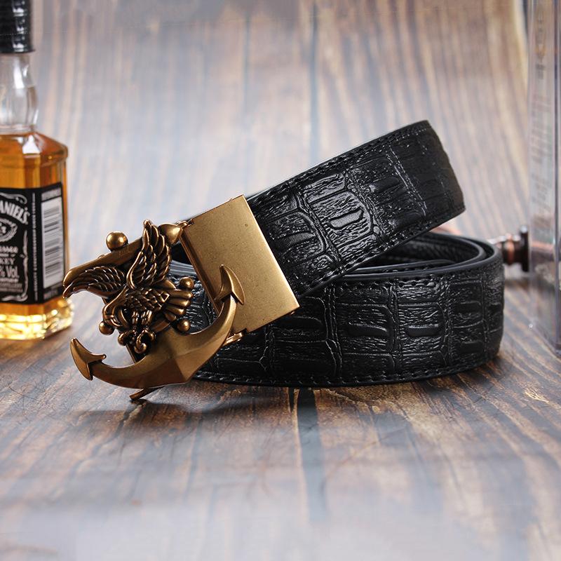 Men's Leather Belt with Automatic Buckle, Genuine Leather, Bronze Buckle, Faucet for Middle-aged and Young Business Casual Pants